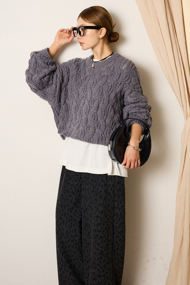 [SET]ケーブルリラックスショートニット+箔プリントBIGシルエットロングスリーブTシャツ+レオパードジャガードニットパンツ(3set)