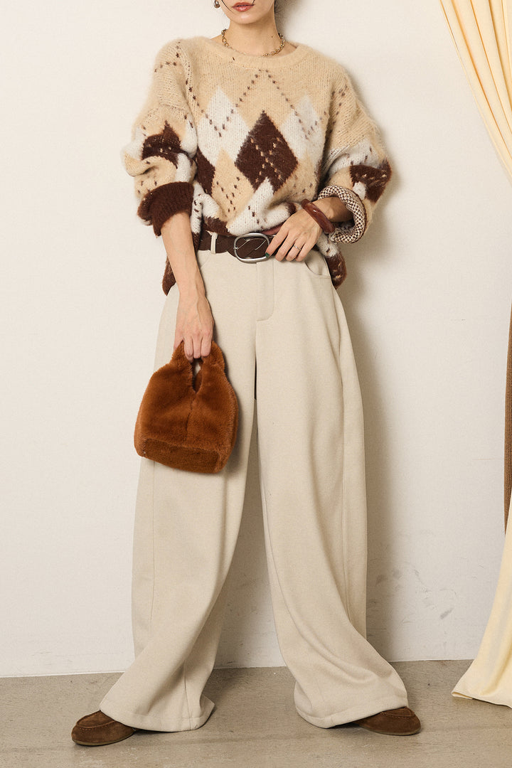 [SET]配色アーガイル柄ニットトップス+編みベルト付きワイドパンツ(2set)