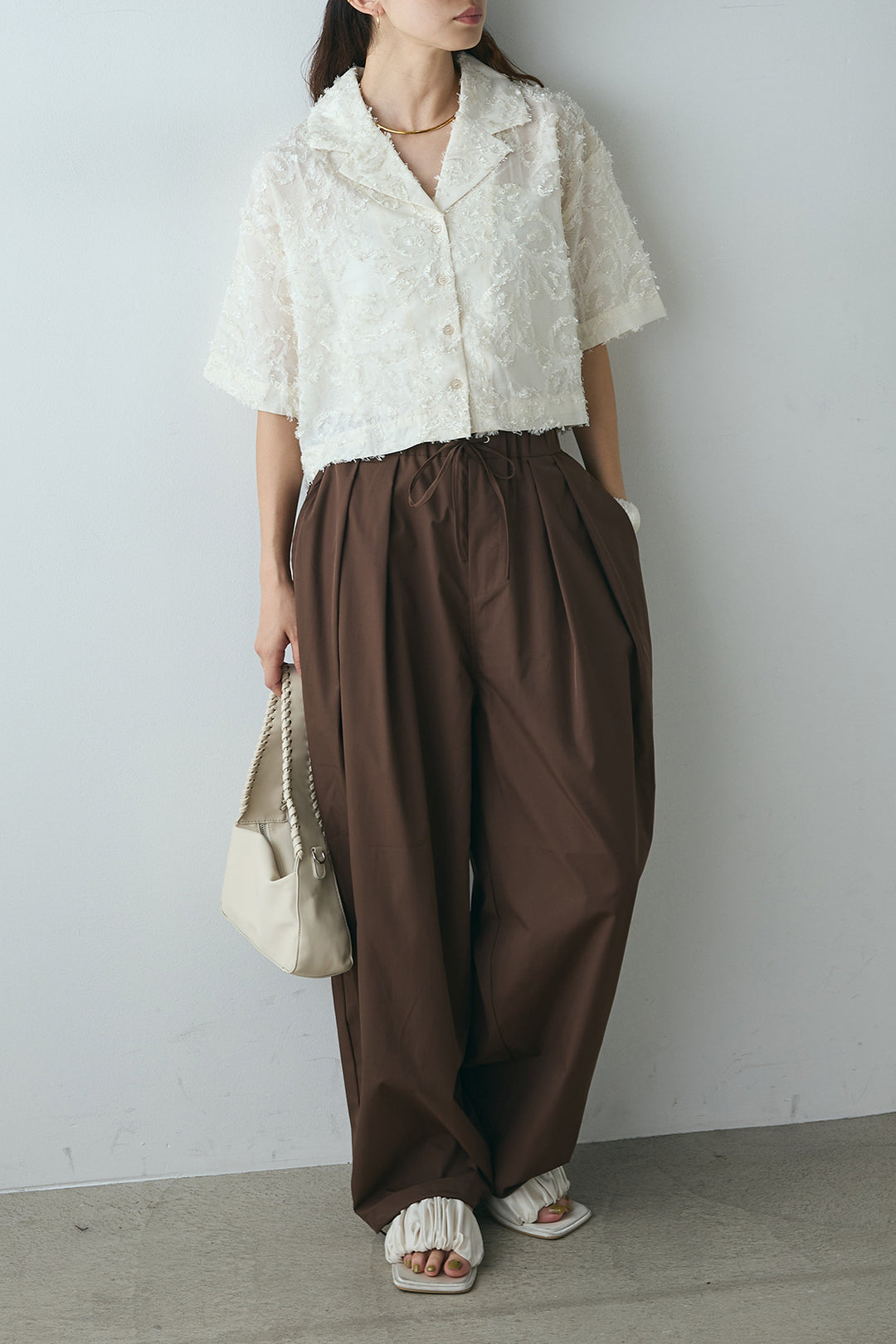 [SET]半袖オープンカラージャガード柄シャツ+タックワイドリラックスパンツ(2set)