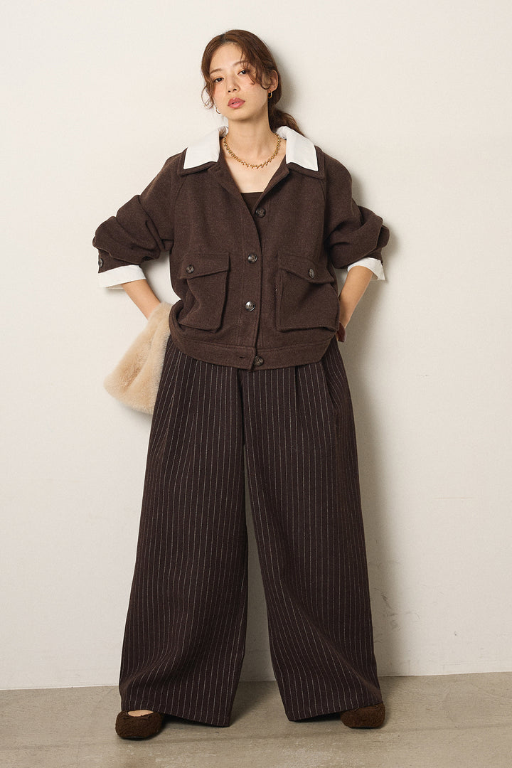[SET]衿レイヤードフェイクウールジャケット+ウールライクストライプパンツ(2set)