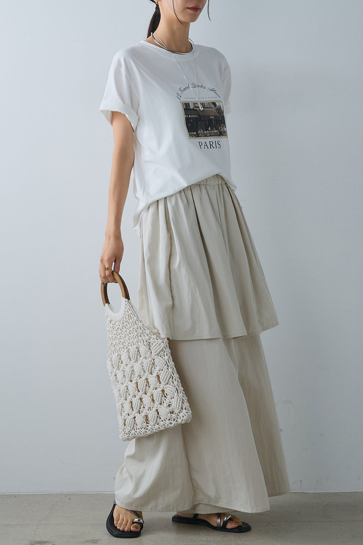 [SET]PARISフォトTシャツ+タックスカートドッキングフレアパンツ(2set)