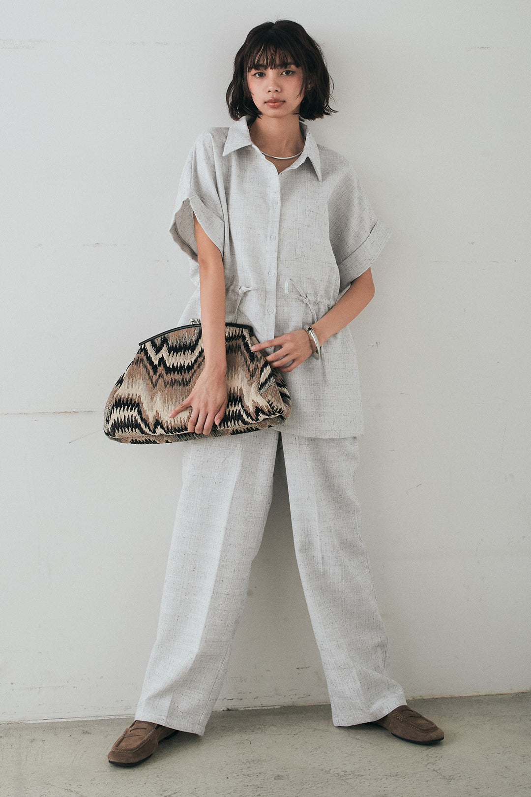 [SET]ツイードウエストドロストシャツ+ツイードタックパンツ(2set)