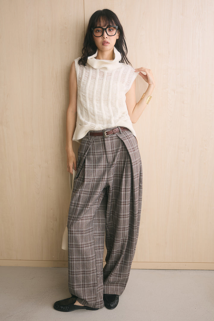[SET]ハイルーズタートル透かし編みニットベスト+ブリティッシュチェックバレルパンツ(2set)