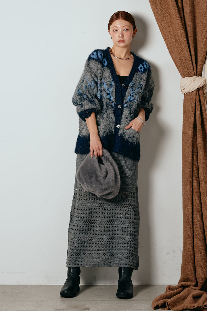 [SET]シャギーニュアンス柄ニットカーディガン+裾透かし編みキャミソールニットワンピース(2set)