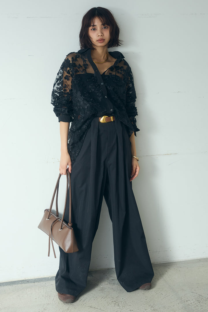 [SET]立体フラワー刺繍レースシャツ+ベルトループデザインハイウエストタックパンツ(2set)