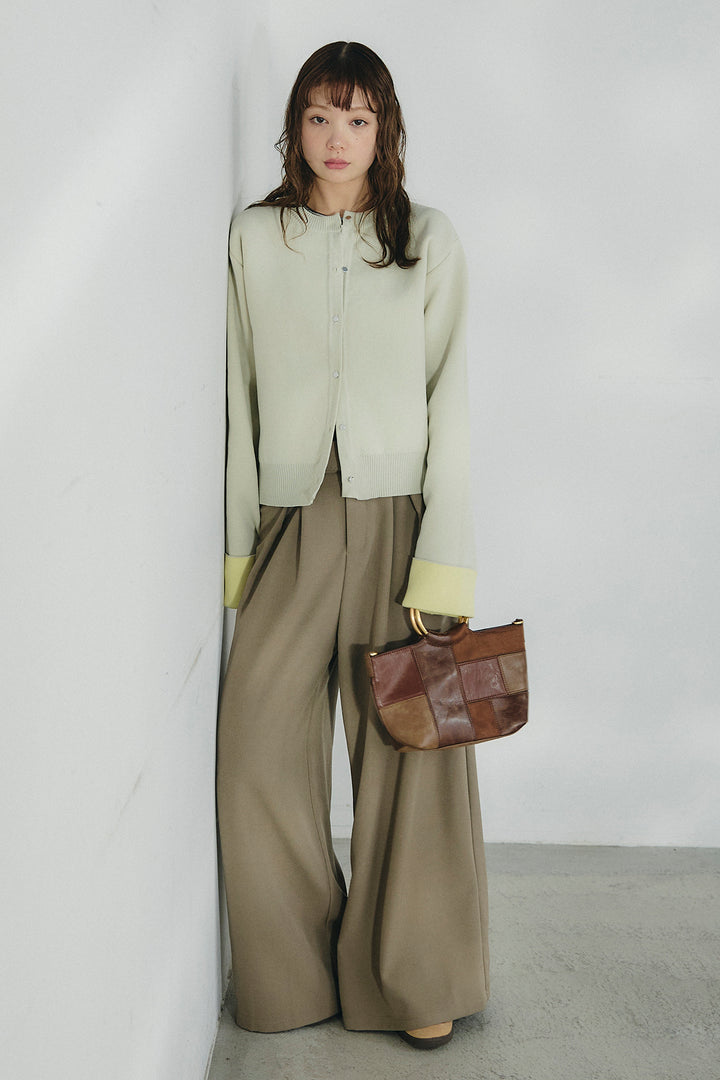 [SET]リバーシブル配色ニットカーディガン+ベルト付きツータックワイドパンツ(2set)