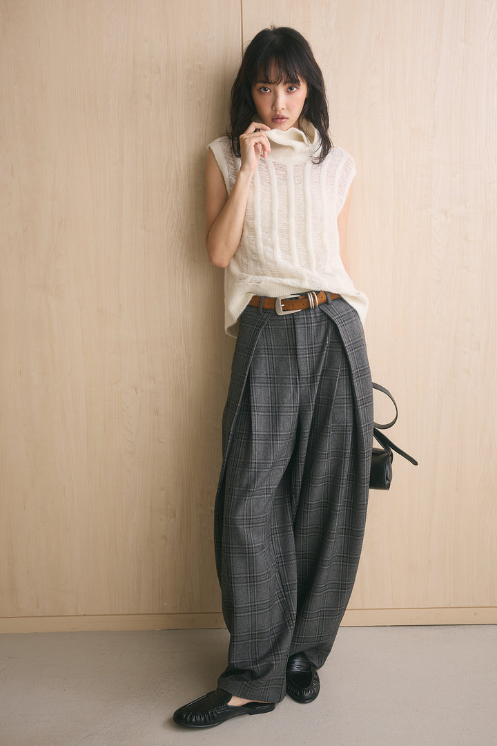 [SET]ハイルーズタートル透かし編みニットベスト+ブリティッシュチェックバレルパンツ(2set)