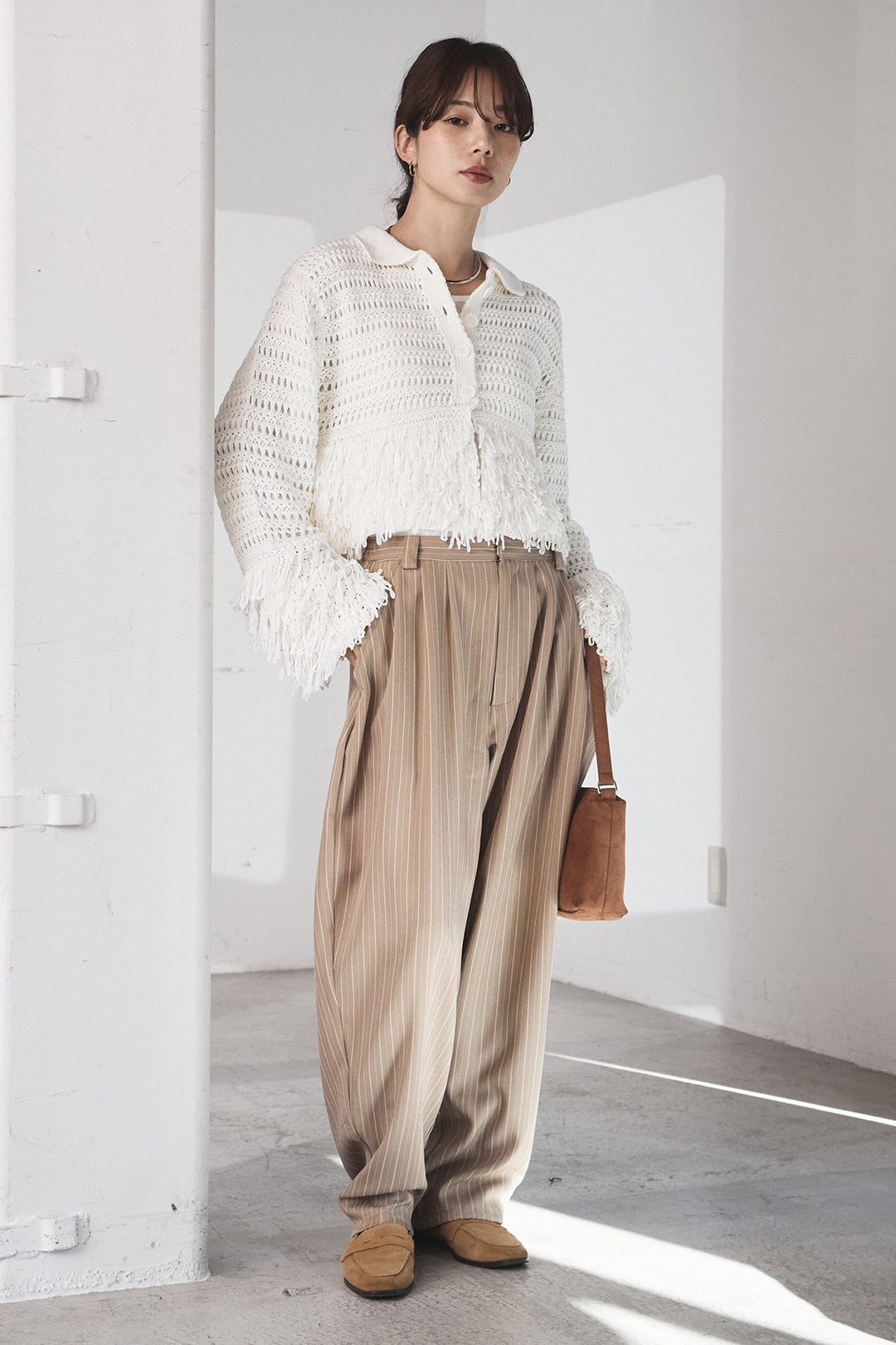[SET]メッシュフリンジカーディガン+ヘリンボーンストライプツータックパンツ(2set)