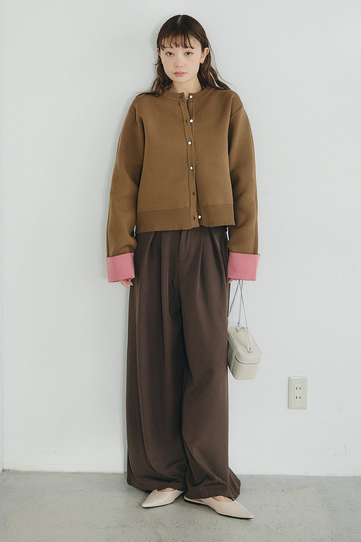 [SET]リバーシブル配色ニットカーディガン+ベルト付きツータックワイドパンツ(2set)