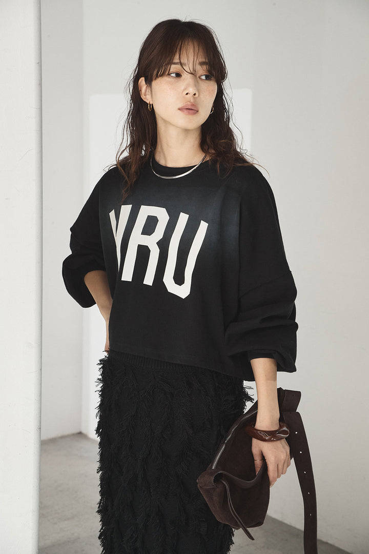 [SET]ビッグロゴHRU袖ボリュームトップス+カットフリンジニットタイトスカート(2set)