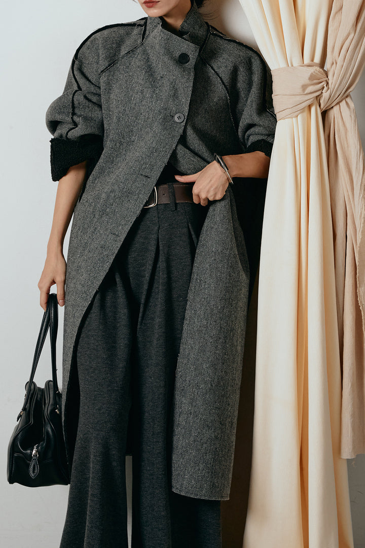 [SET]裏地ボアハイネックロングアウター+フェイクレザー太ベルト付きタックワイドパンツ(2set)