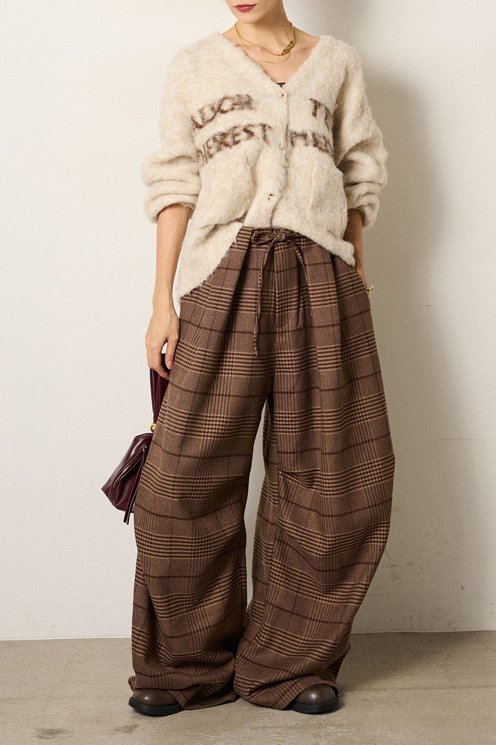 [SET]ウール混透かしロゴニットカーディガン+グレンチェックルーズタックパンツ(2set)
