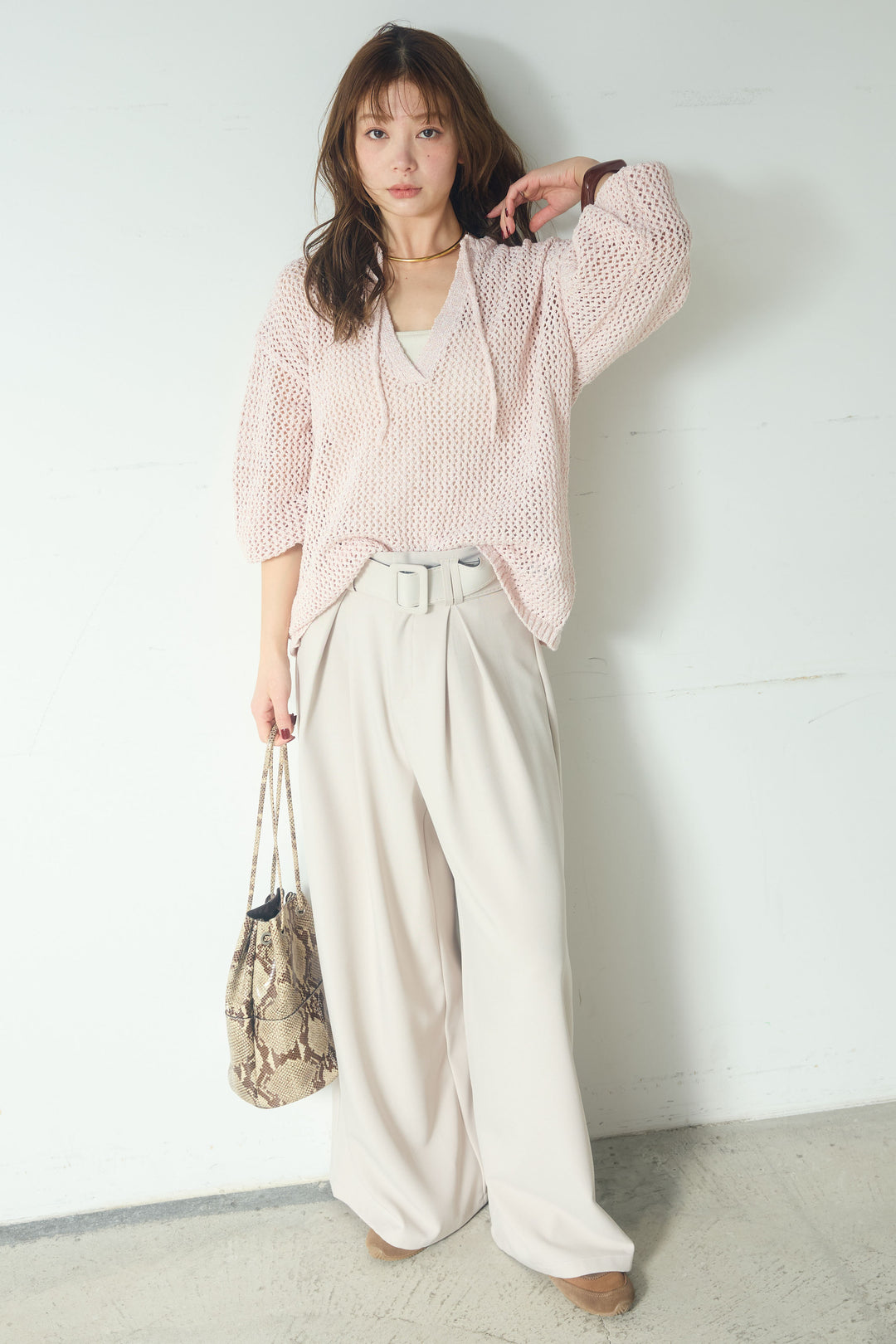 【即納】ミックスメッシュキーネックプルオーバー