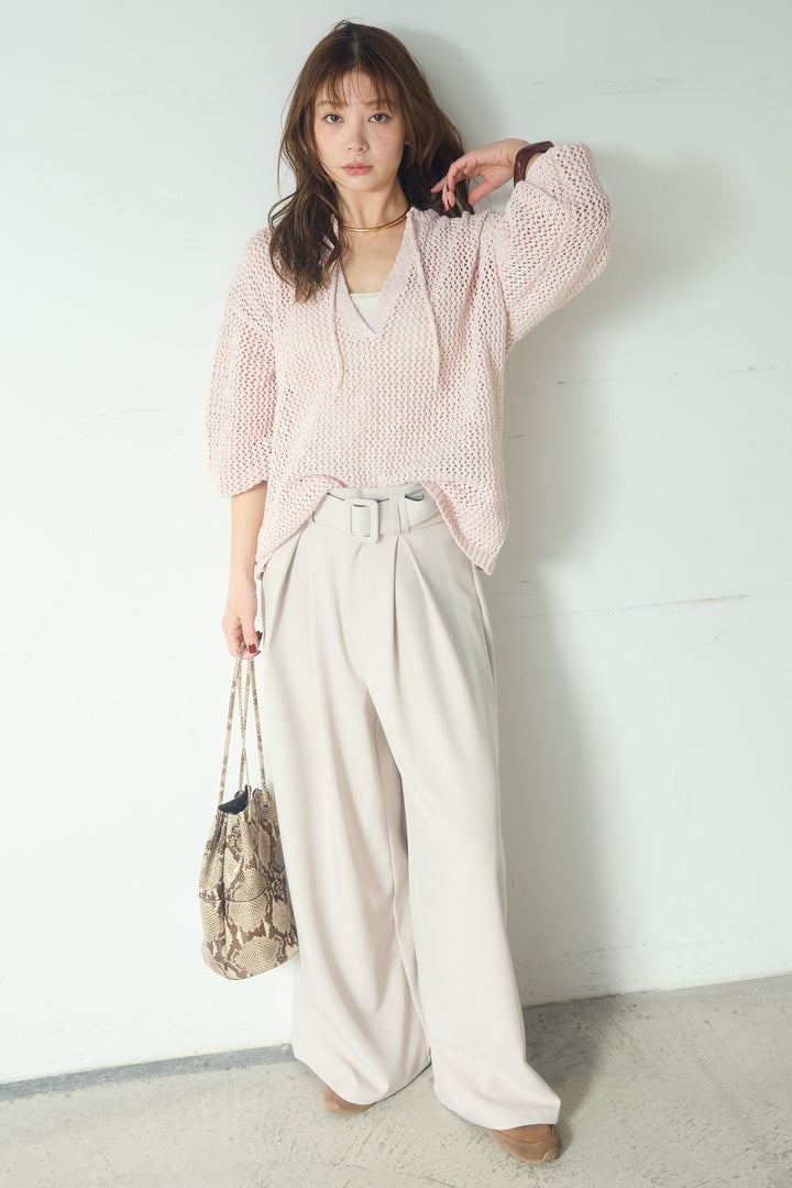 【即納】ミックスメッシュキーネックプルオーバー
