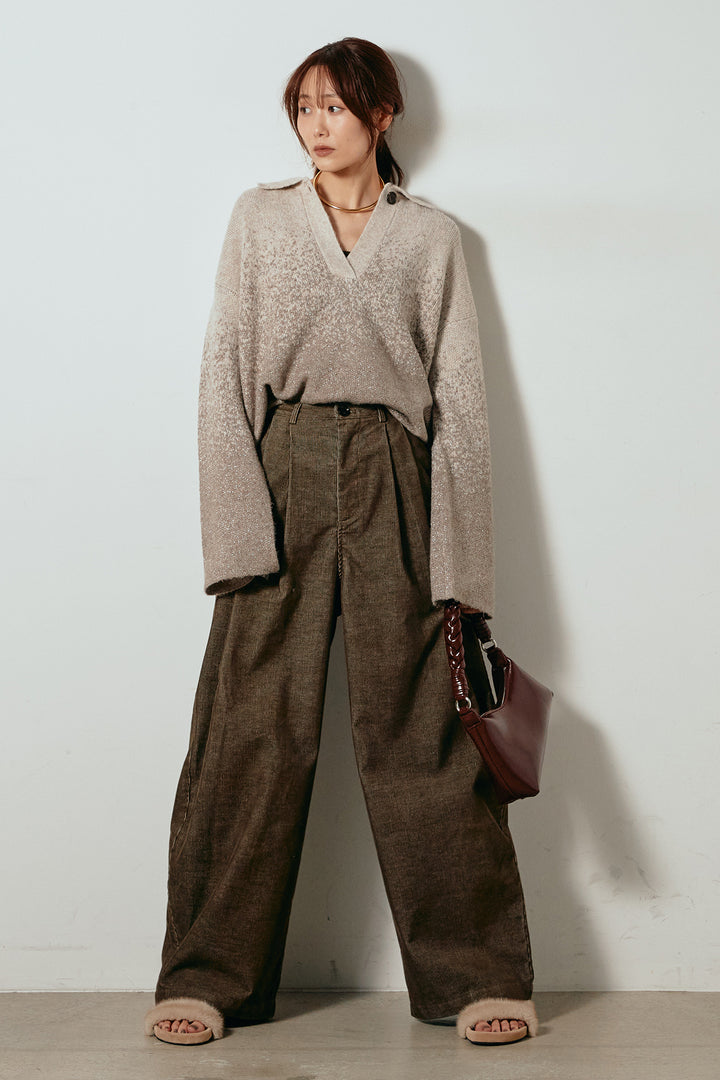 [SET]グラデーションラメニットキーネックプルオーバー+フロントタック入りコーデュロイパンツ(2set)