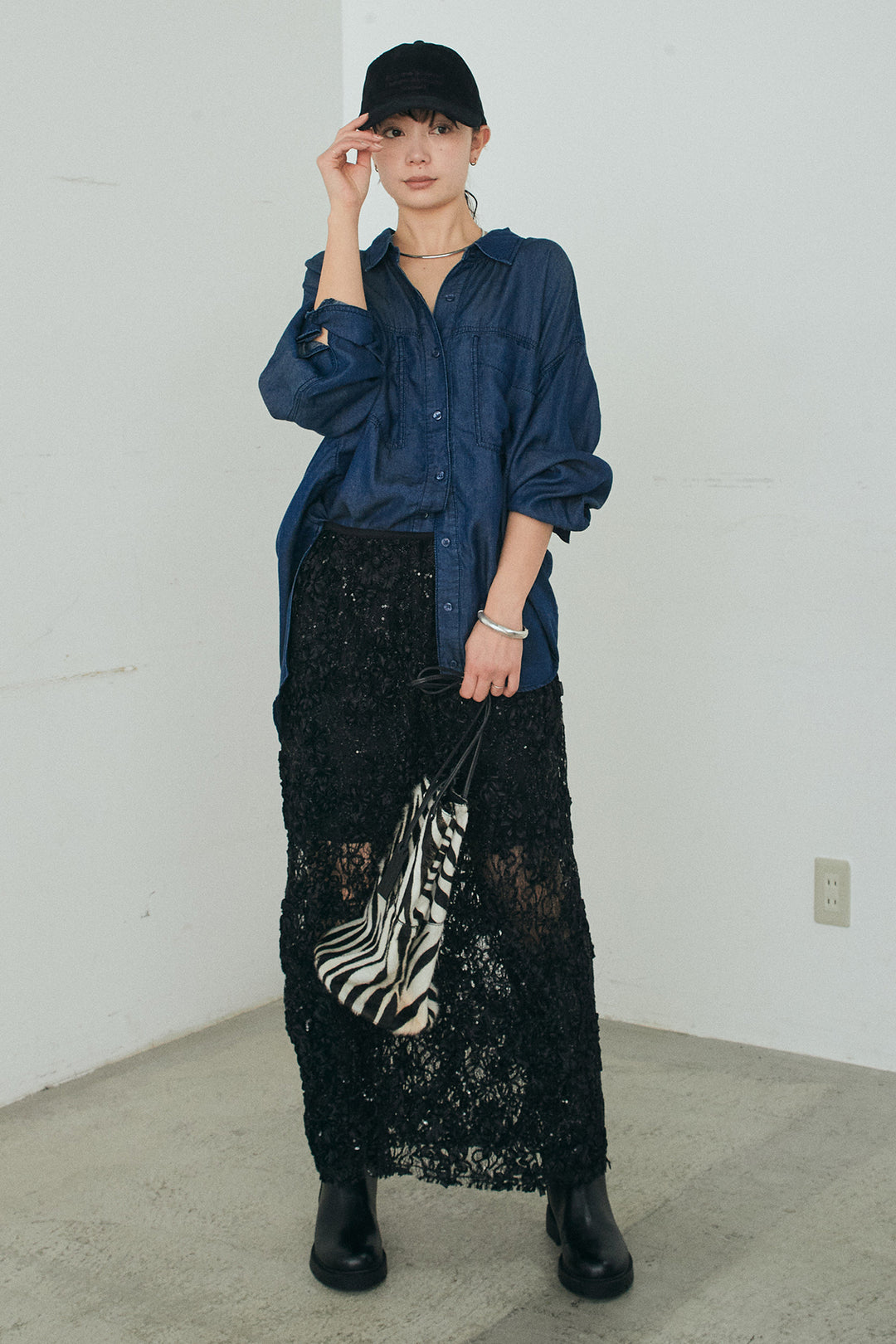 [SET]テンセルデニムシャツ+ラメ刺繍デザインスカート(2set)