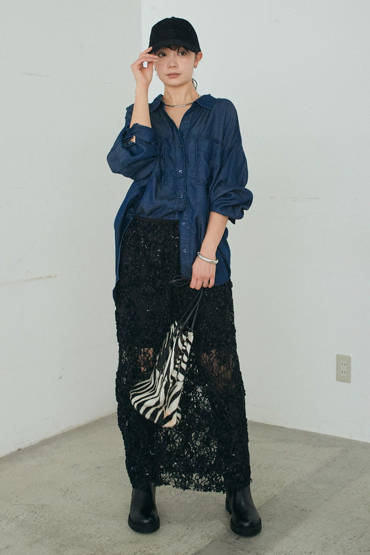 [SET]テンセルデニムシャツ+ラメ刺繍デザインスカート(2set)