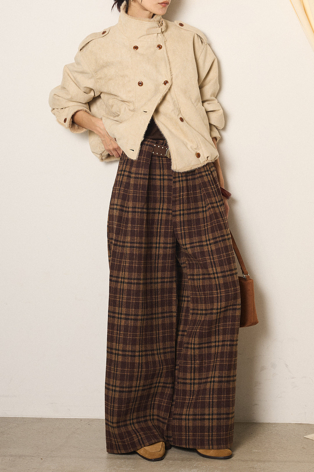 [SET]スタンド襟スウェードライクアウター+スタッズデザインベルトタータンチェックパンツ(2set)