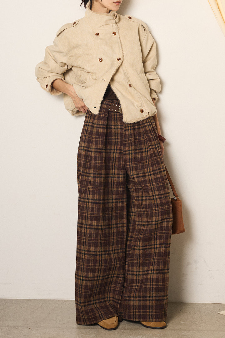 [SET]スタンド襟スウェードライクアウター+スタッズデザインベルトタータンチェックパンツ(2set)