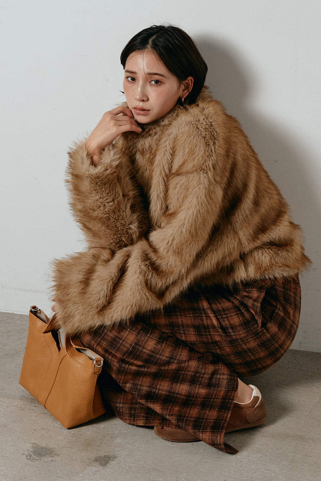 [SET]エコファーショート丈ブルゾン+シャギーチェックストレートスカート(2set)