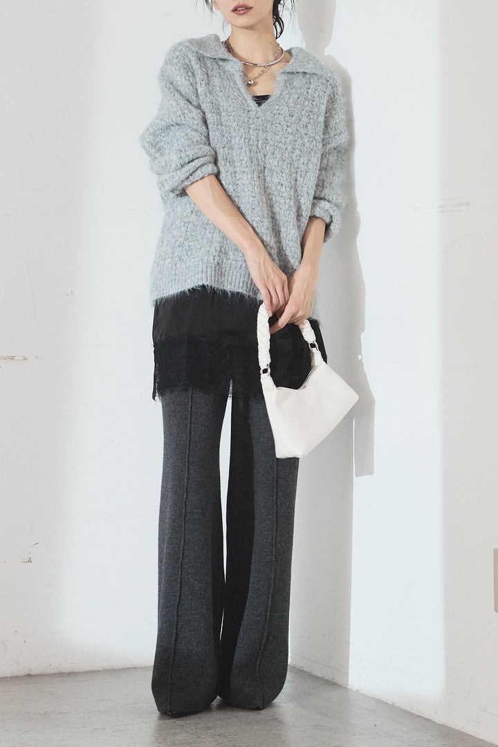 [SET]襟付きVネックニットトップス+レース切り替えキャミソール(2set)