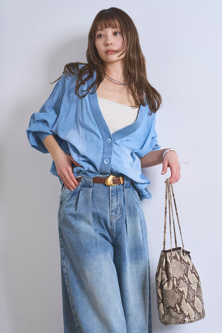 [SET]シアーデニムカーディガン+ベルトループワイドタックデニムパンツ(2set)