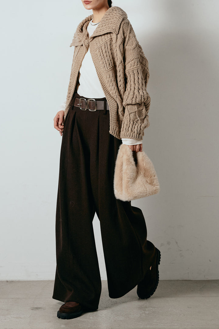 [SET]ビッグカラーケーブル編みニットトップス+2WAY袖コード刺繍クルーネックプルオーバー(2set)