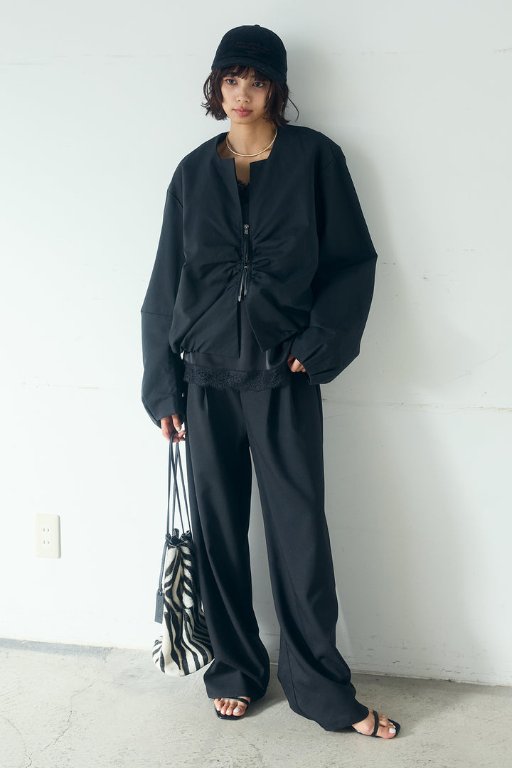 [SET]ノーカラーフロントギャザージップアウター+斜めボタンタック入りスラックス+ブロード切り替えぺプラムタンク(3set)