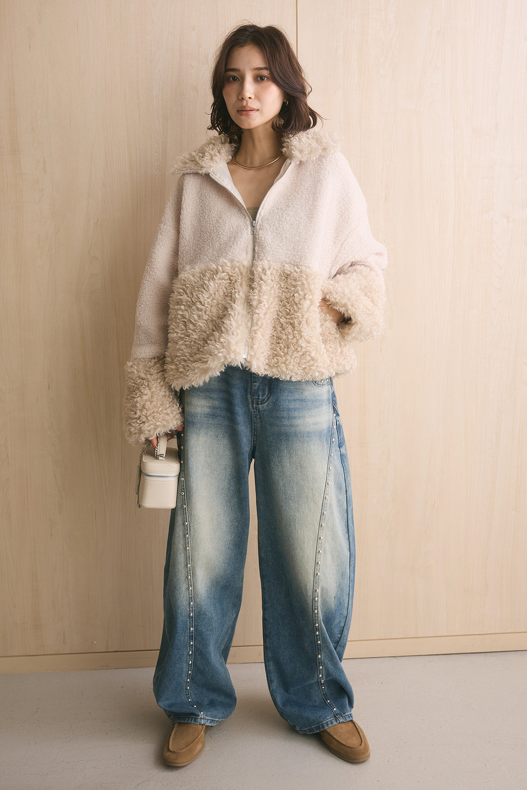 [SET]ボア×プードルファーパッチワークブルゾン+スタッズデザインカーブデニムワイドパンツ(2set)