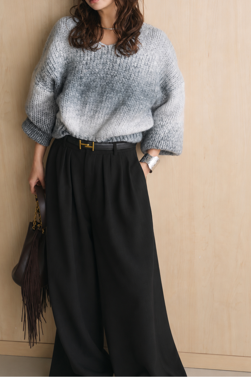 [SET]ミックスグラデーションVネックニット+ゴールドバックルベルト付きタックワイドパンツ(2set)