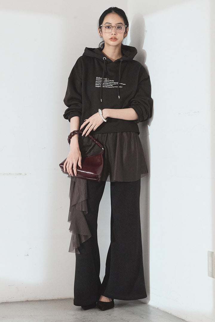 [SET]裏起毛レタリング刺繍フーディショートプルオーバー+チュールレイヤードニットパンツ(2set)