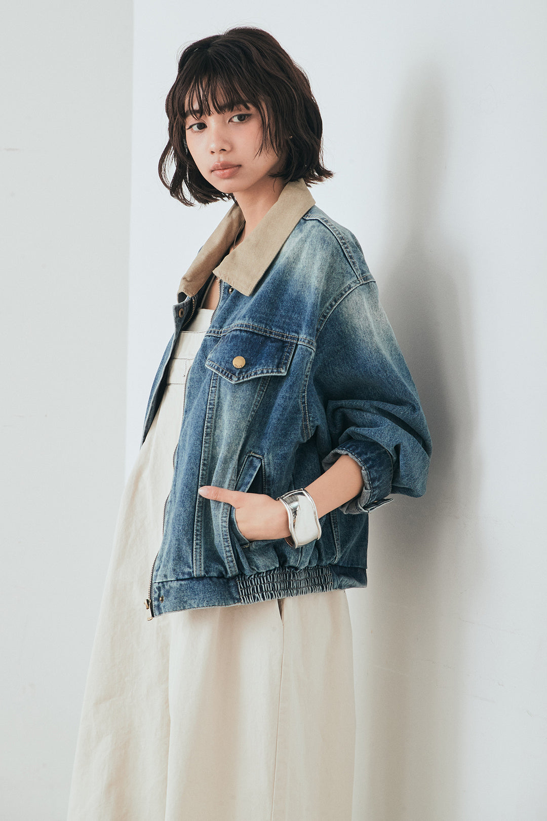 [SET]襟切り替えジップデニムジャケット+綿ツイルアシメサロペット(2set)