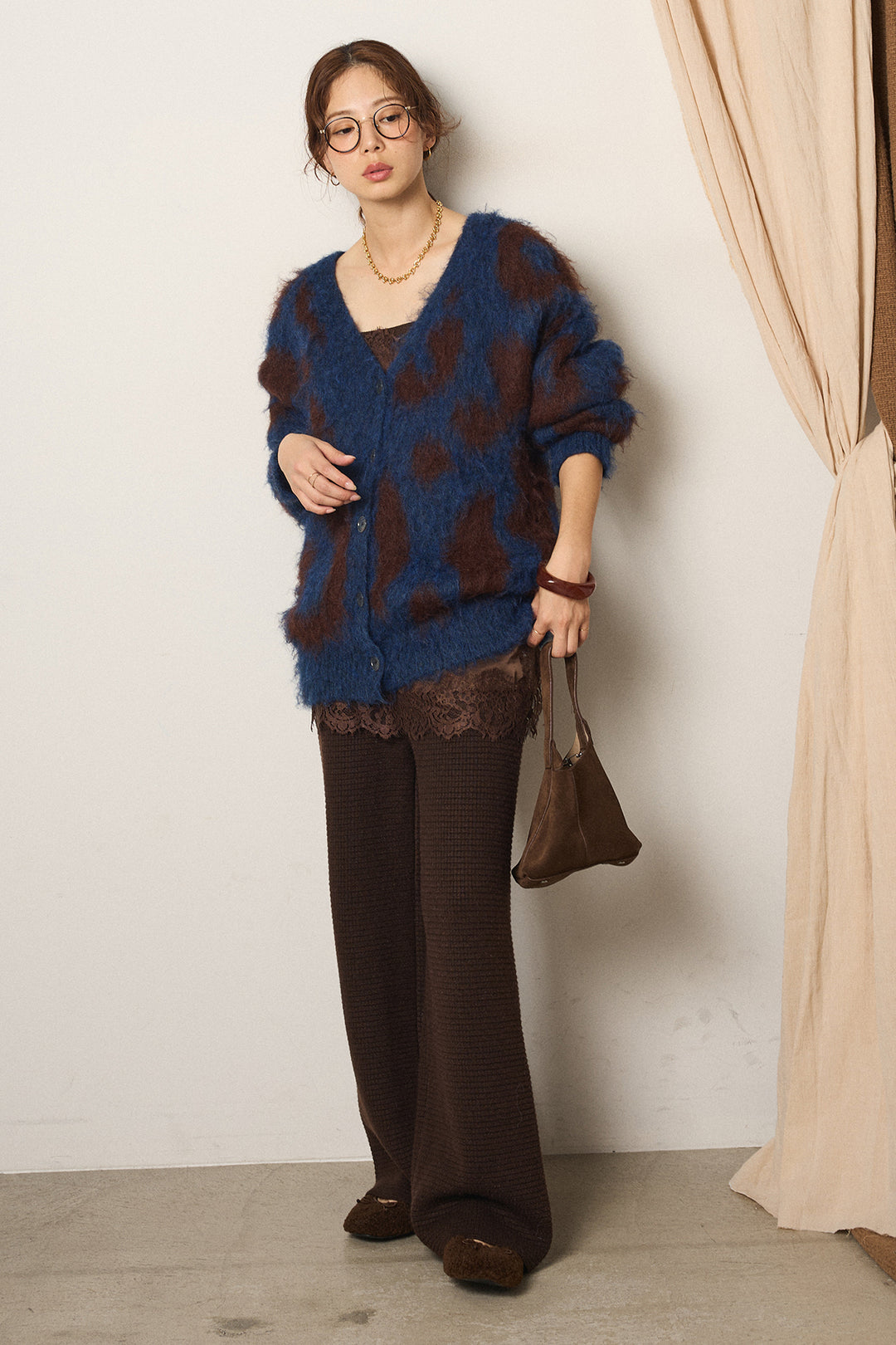 [SET]レオパードシャギータッチカーディガン+ワイドリブニットイージーパンツ(2set)