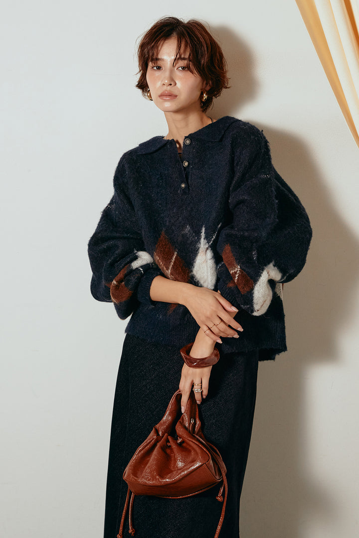 [SET]アーガイル柄ポロニットトップス+スウェードライクロングスカート(2set)