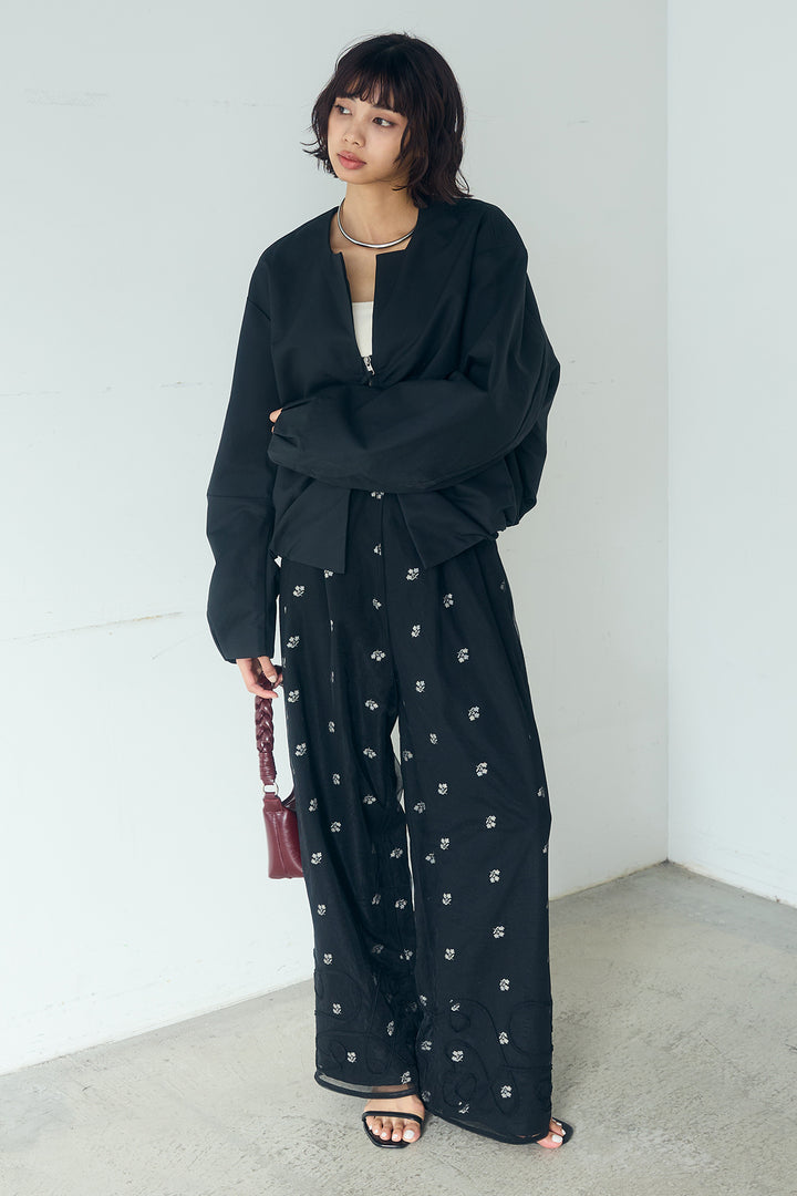 [SET]ニュアンスウェーブ刺繍シアーチュールパンツ+花柄刺繍ツイルタックパンツ(2set)