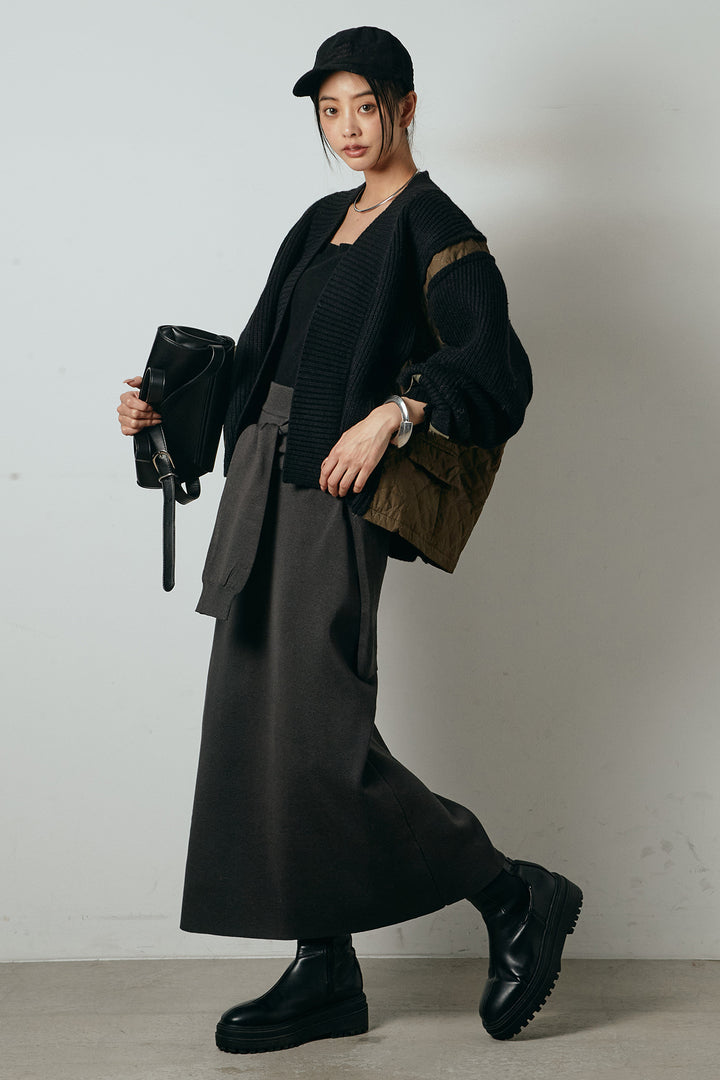 [SET]キルティング切り替えニットカーディガン+ウエストラップ巻きニットスカート(2set)