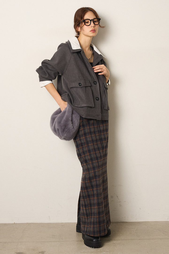 [SET]衿レイヤードフェイクウールジャケット+シャギーチェックストレートスカート(2set)