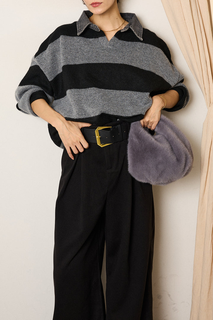 [SET]デニムカラーボーダールーズニット+ゴールドバックル太ベルト付きワイドパンツ(2set)