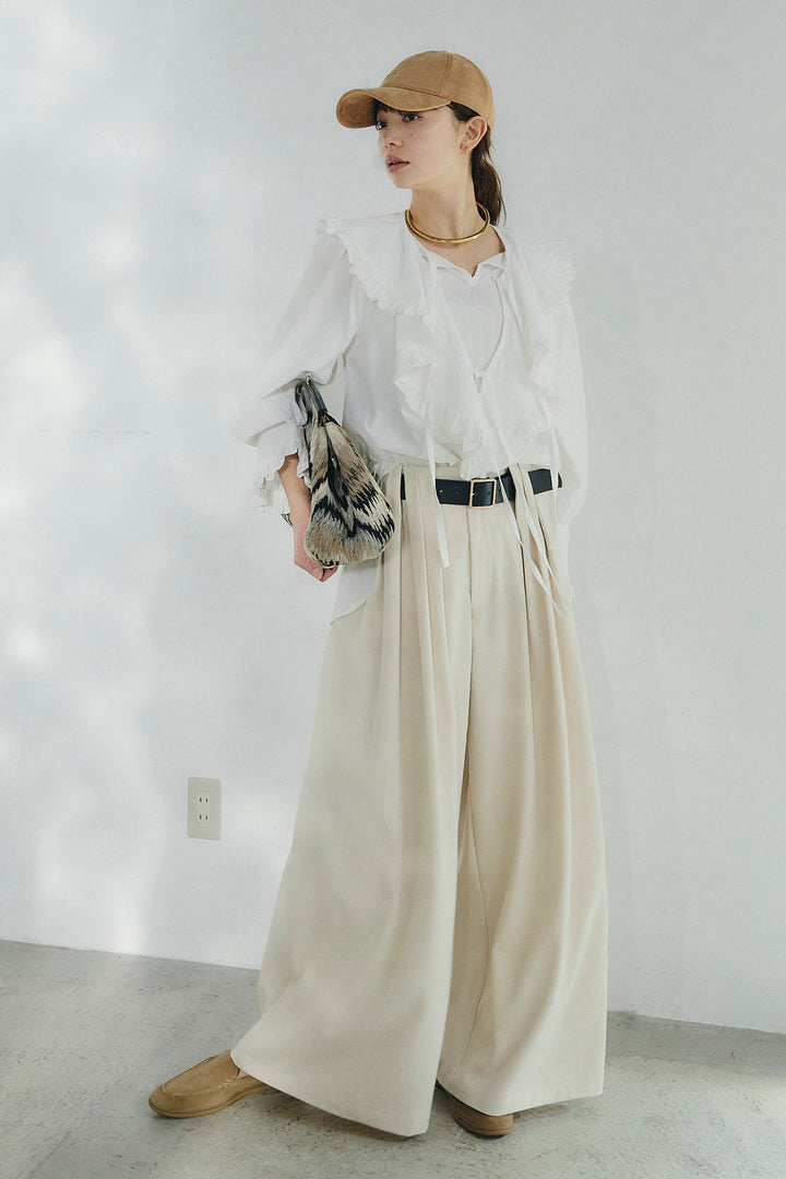 [SET]コットンフリルブラウス+ベルト付きタックデザインハイウエストロングパンツ(2set)