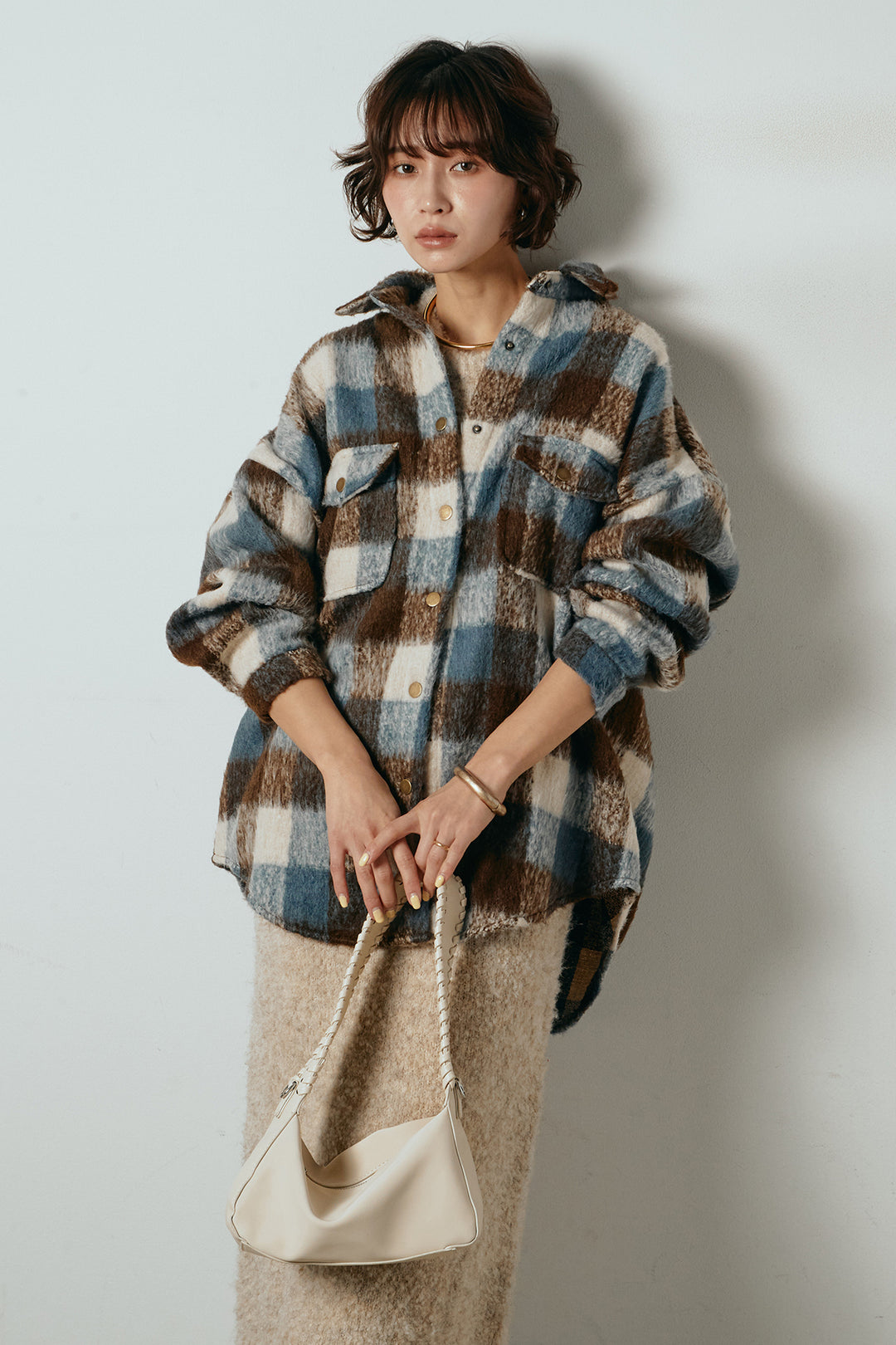 [SET]起毛チェック柄ポケットアウター+起毛ノースリーブニットロングワンピース(2set)