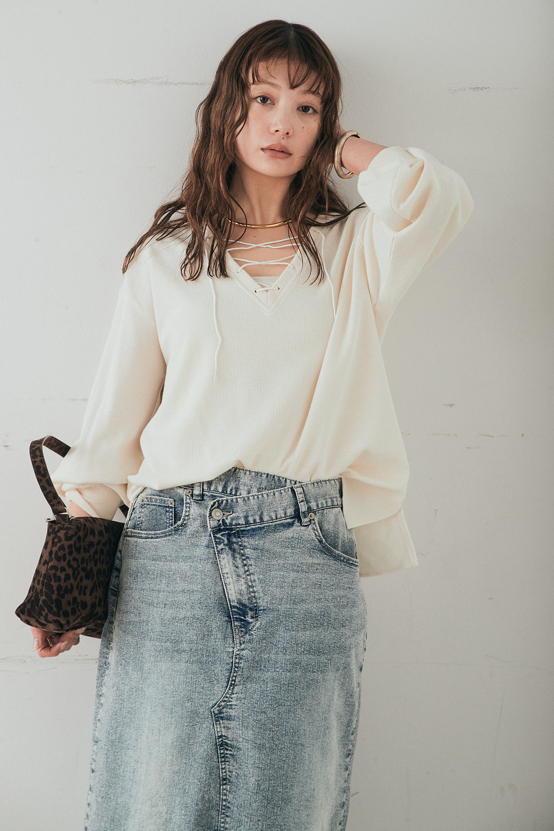 [SET]レースアップワッフルボーダートップス+ウエストクロスデニムタイトスカート(2set)