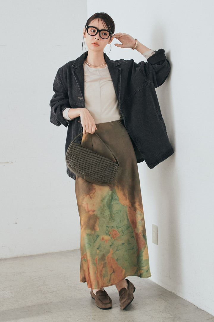 [SET]オーバーデニムジャケット+ニュアンス柄サテンスカート(2set)