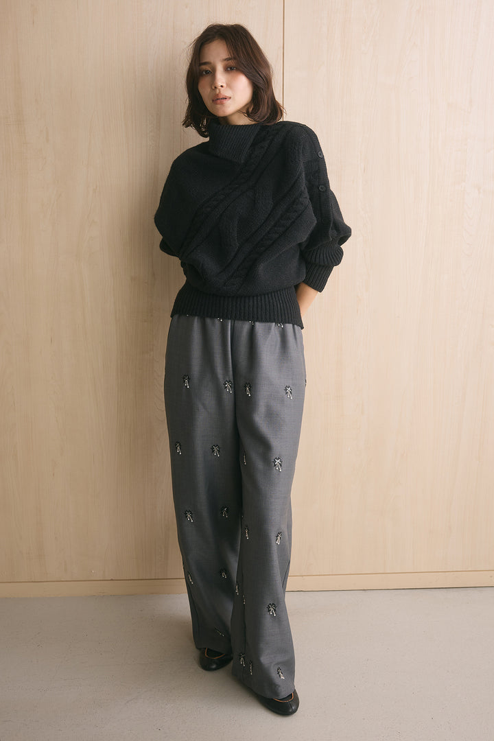[SET]アシメカラーボタンケーブルニット+総ビーズ刺繍パンツ(2set)