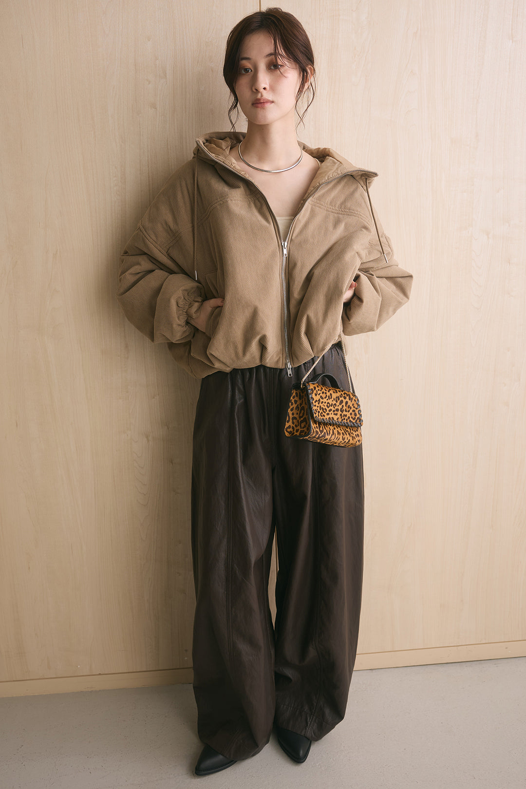 [SET]コーデュロイフーディバルーンブルゾン+フェイクレザーカーブワイドパンツ(2set)