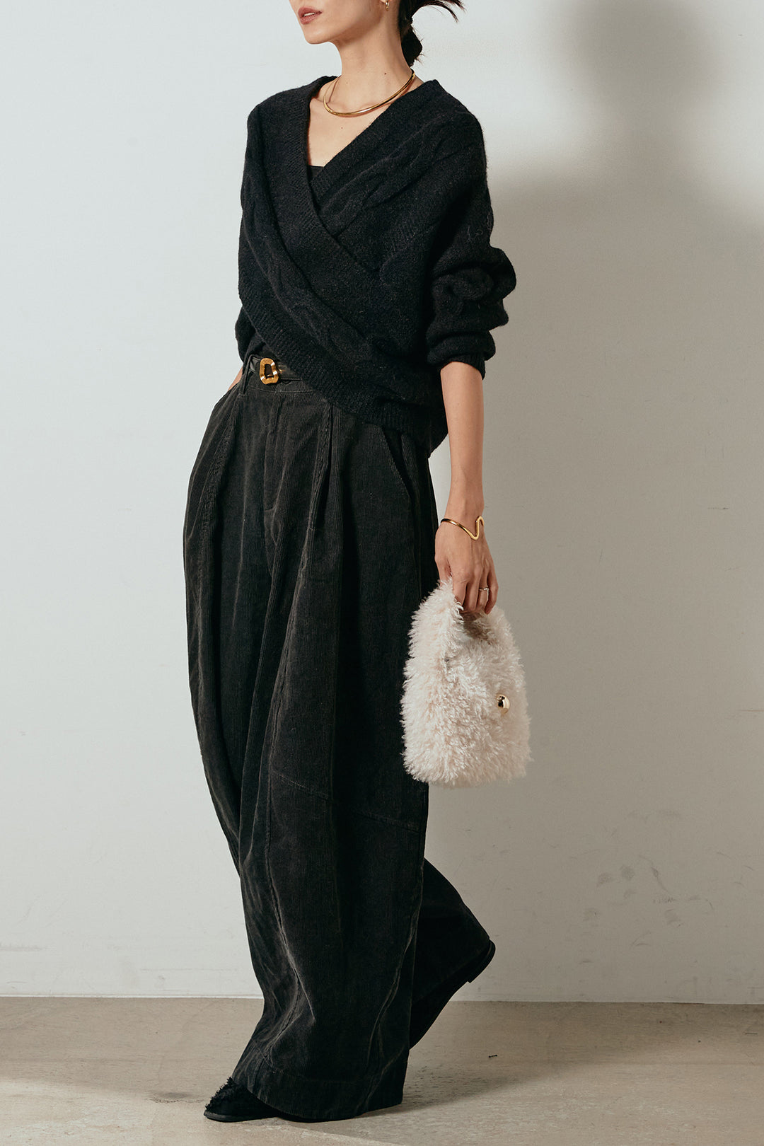 [SET]ケーブルカシュクールニットトップス+タック入りコーデュロイワイドパンツ(2set)