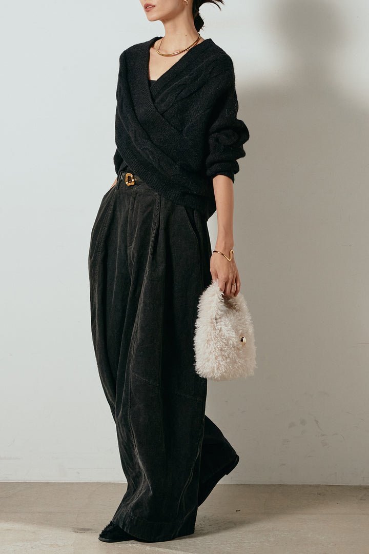 [SET]ケーブルカシュクールニットトップス+タック入りコーデュロイワイドパンツ(2set)