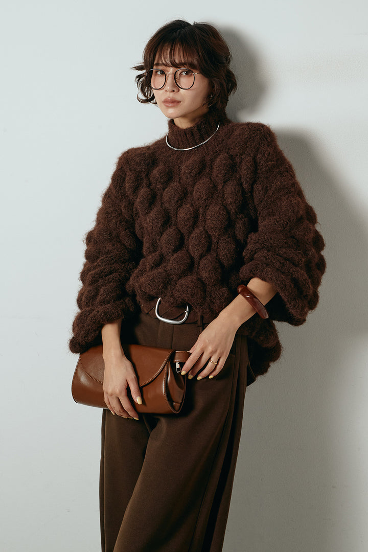 [SET]ボリュームポップコーンニットトップス+編みベルト付きワイドパンツ(2set)