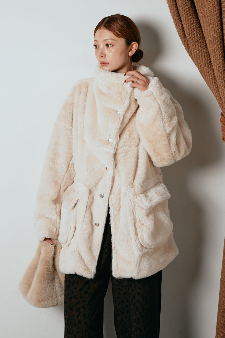 [SET]スタンドネックファーコート+レオパードジャガードニットパンツ(2set)