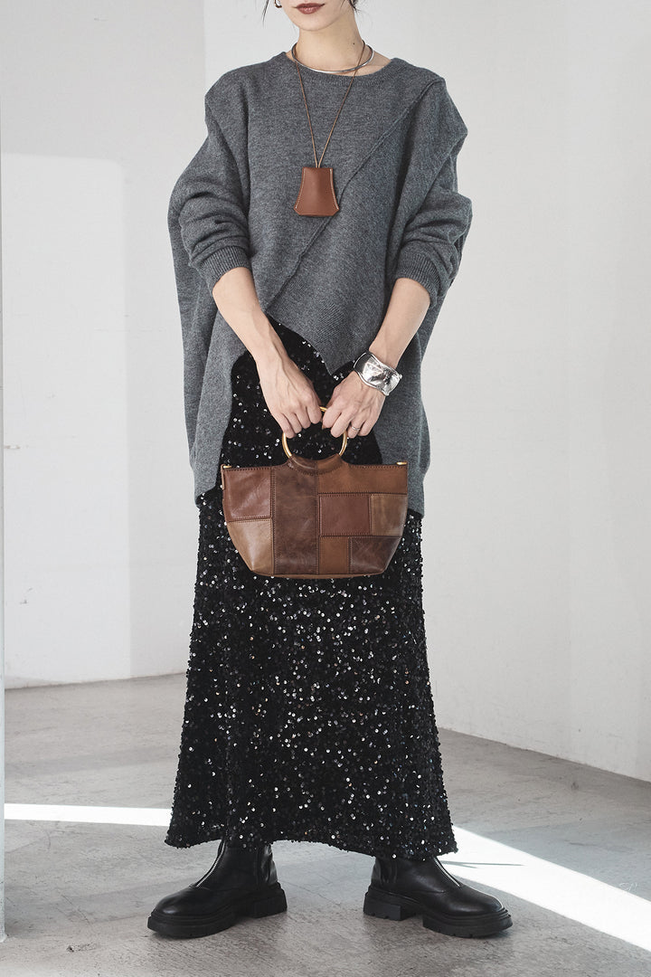 [SET]アシンメトリーデザインニットトップス+スパンコールニットワイドスカート(2set)