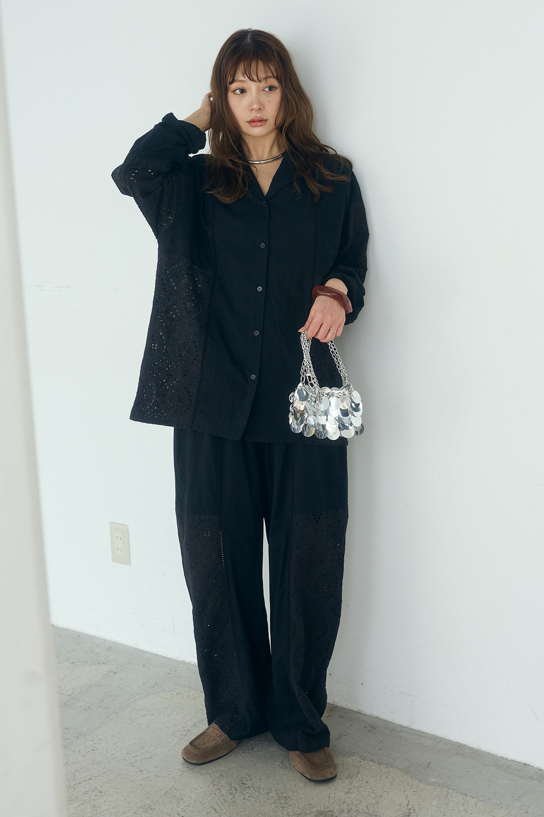 [SET]ローンレースオープンカラーシャツ+ローンレースイージーパンツ(2set)